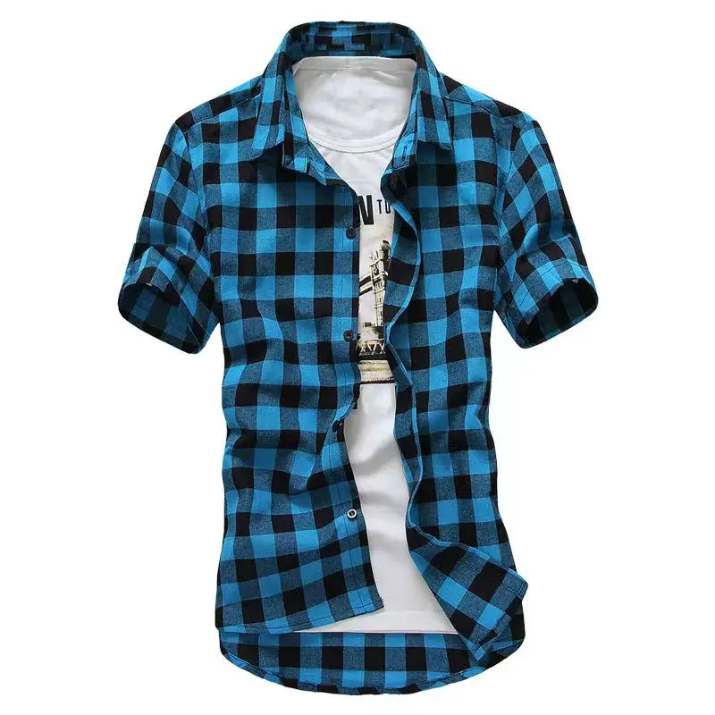 Summer New Men Plaid Shirt Men Shirts Fashion Chemise Homme Mens Checkered Shirts Short Sleeve Shirt Men Blouse