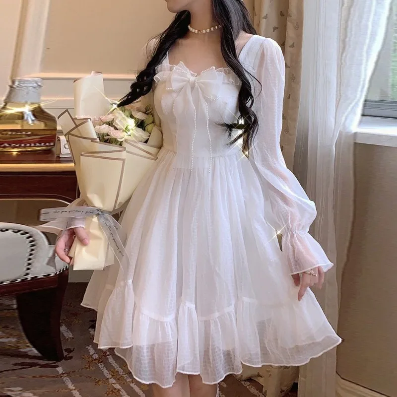 French Fairy Bow Mesh Princess Dress Spring Summer Flare Sleeve Sheer Waisted A-line Ruffled Midi Dresses Party Vestido