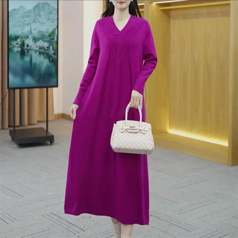 Autumn Winter Women's New Internet Celebrity Loose Slim Knitted Woolen Dress Fashionable Middle aged Long Over Knee Bottom Shirt