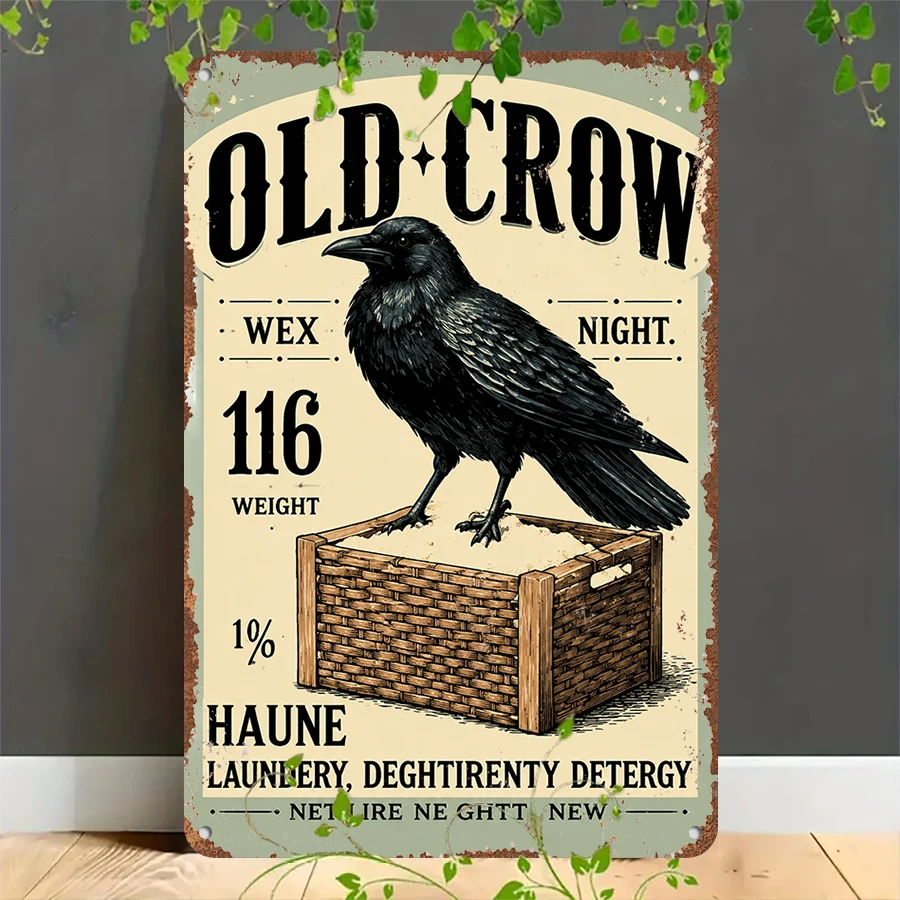 2D flat retro metal tin plate,  Vintage Old Crow Laundry Tin Sign, Suitable for home, garage, café, bar and garden decoration