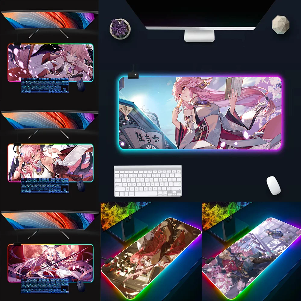 

Yae Miko RGB Pc Gamer Keyboard Mouse Pad Mousepad LED Glowing Mouse Mats Rubber Gaming Computer Mausepad