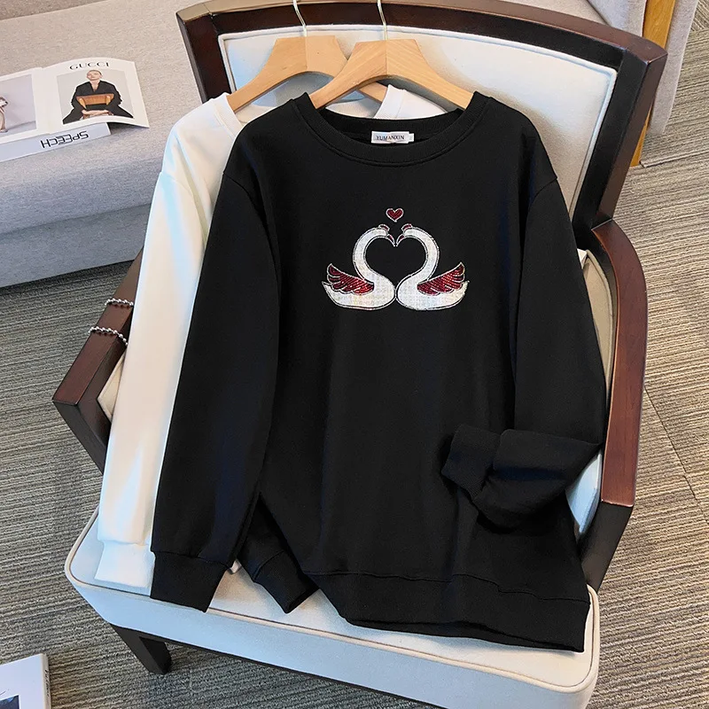 

175Kg Plus Size Women's Bust 170 Autumn Loose Round Neck Long Sleeved Diamond Swan Sweatshirt Black White 5XL 6XL 7XL 8XL 9XL
