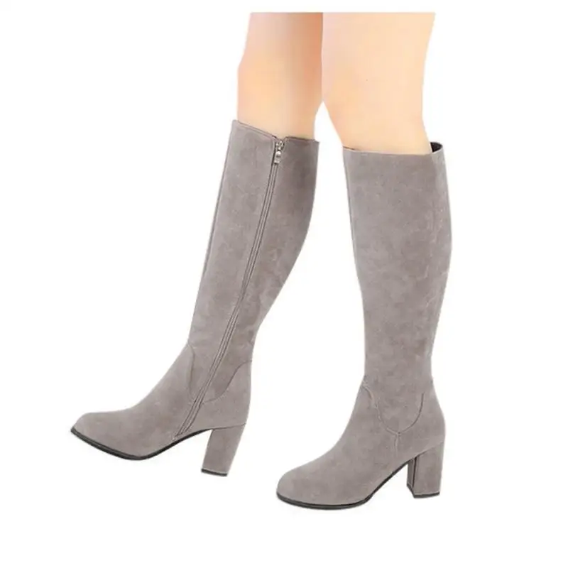 2023 Women Long Boots Suede Solid Knee High Boots Thick Mid-Heel Side Zipper Knight High Boots Winter Female Shoes Botas Mujer