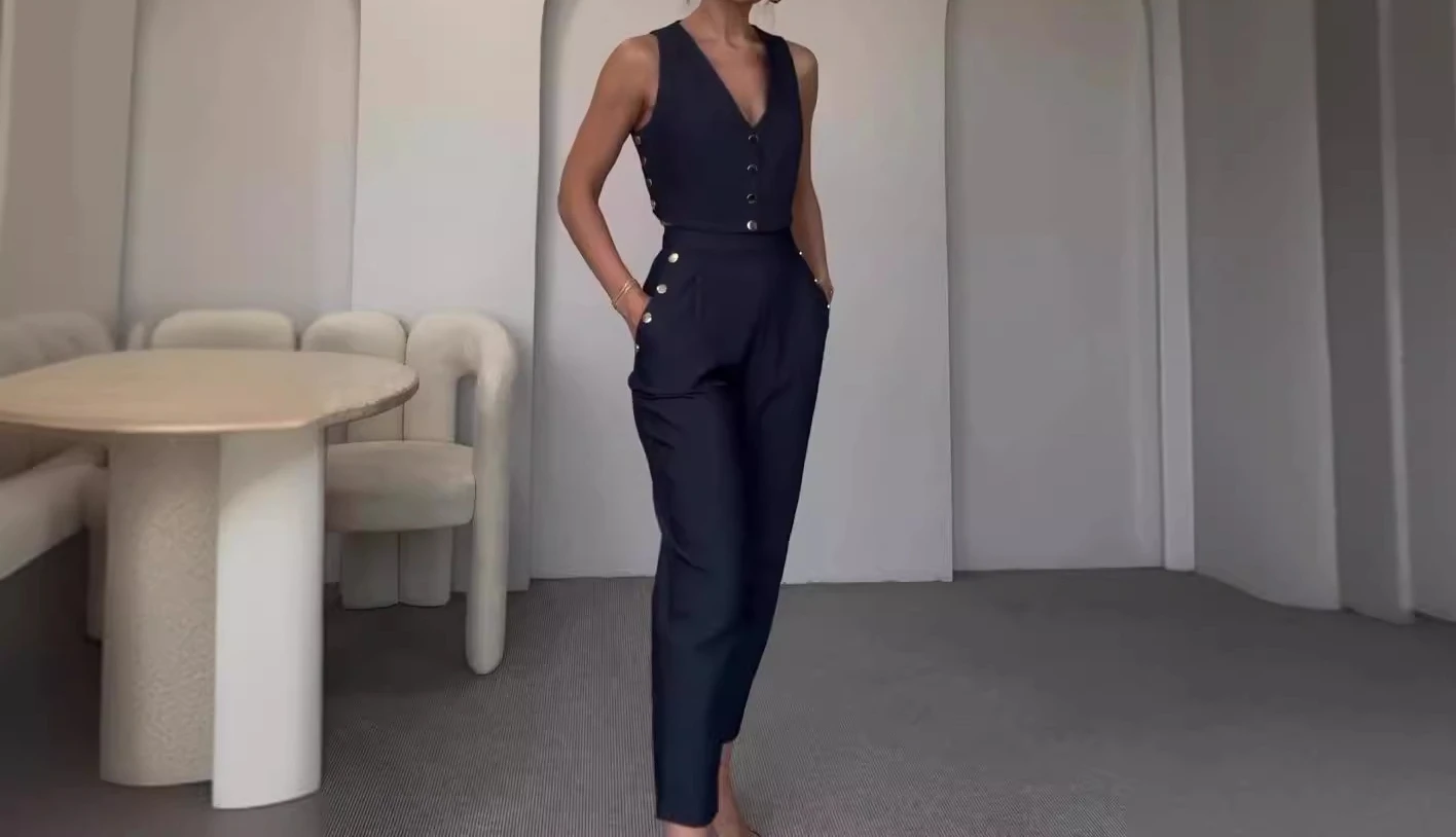 Elegant Pants Set Woman 2 Pieces Summer 2024 New Fashion Solid Button Up Vest and Casual Trousers Suits for Female Streetwear