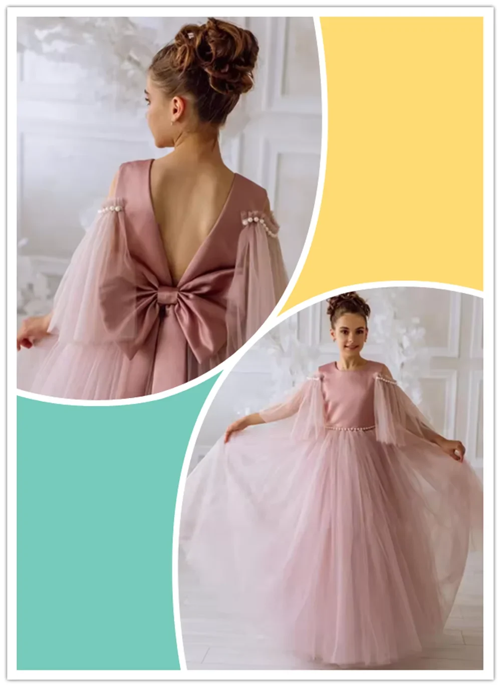 

Lovely Flower Girl Dress Wedding Cute Full Sleeve Bow Sash Satin Appliques Long Party Kids Birthday Gift First Communion Dress