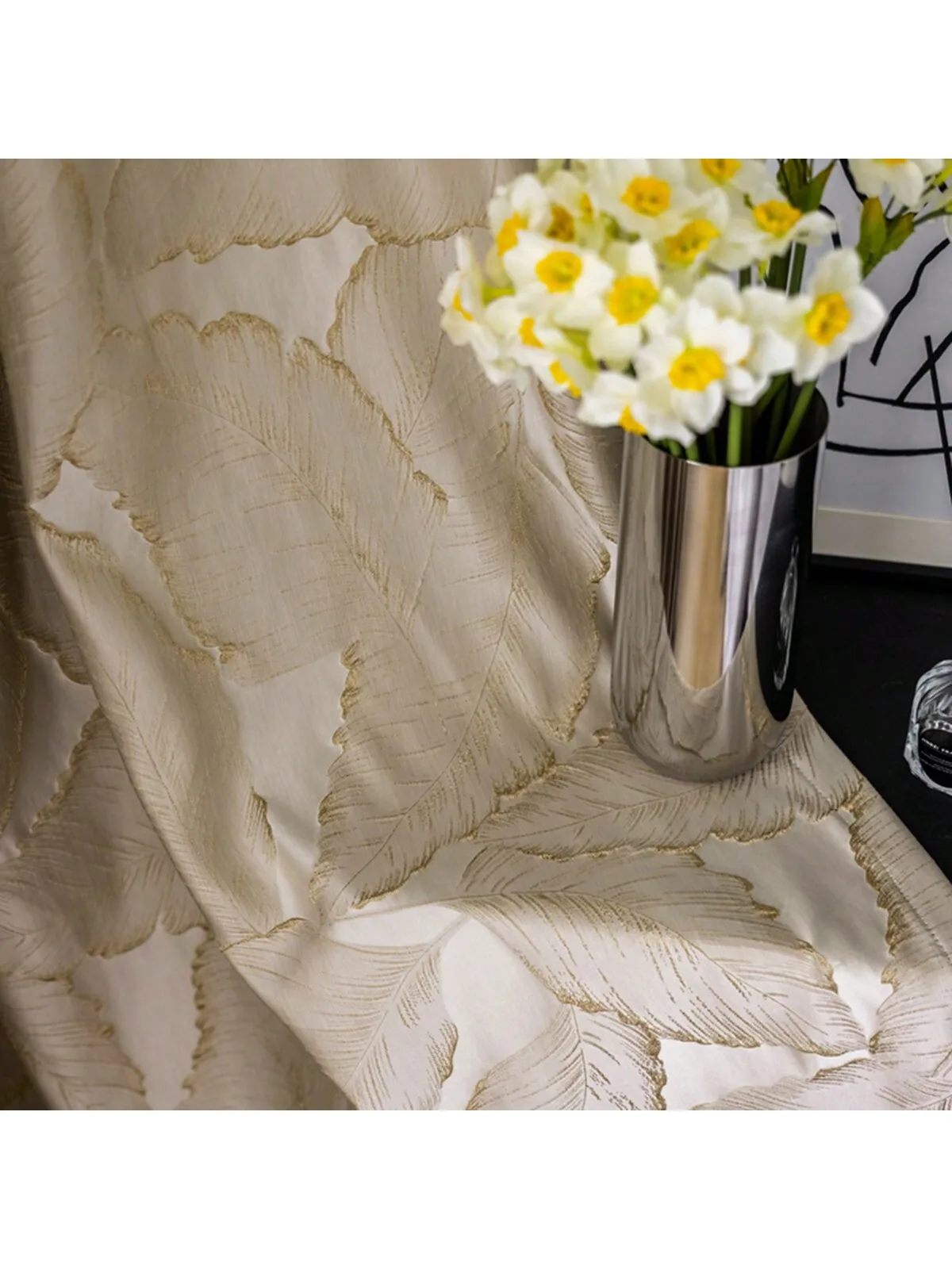 1PC Beige Embossed Leaf Pattern Light Blocking Curtain for Luxury Villa Living Room Bedroom Window