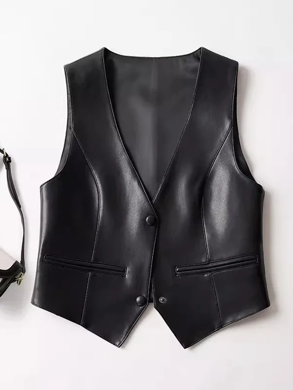 세련된 정품 가죽 조끼 여성 아우터웨어 천연 가죽 자켓 슬림 통근용 작은 여성용