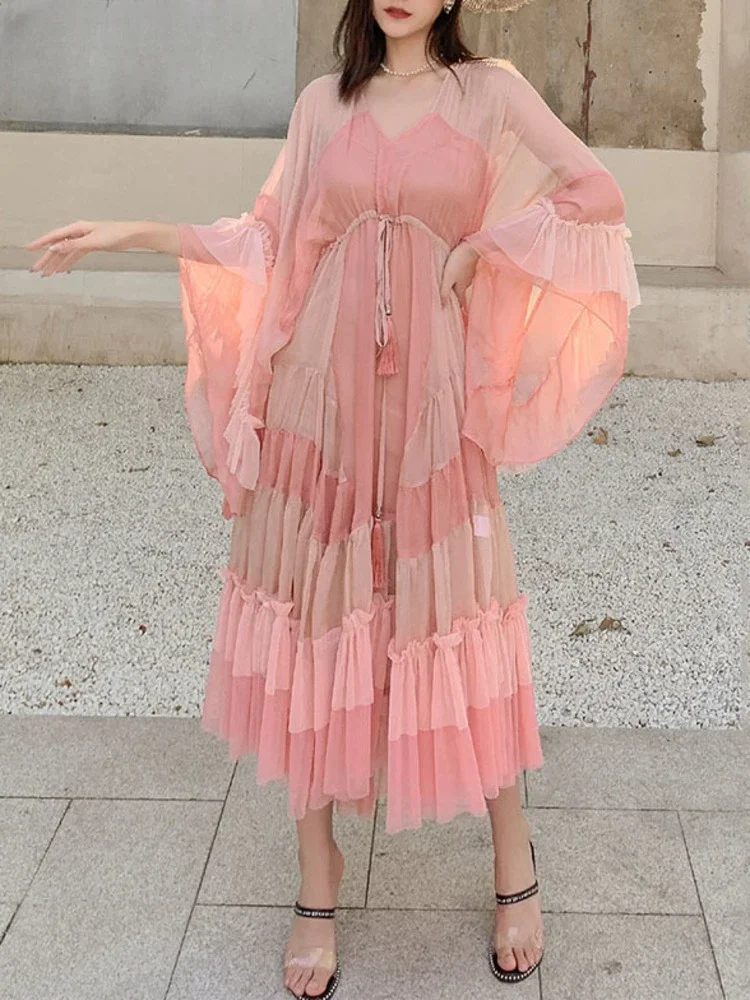 

Woman Dress Pink Cake With Lined Mesh Flare Sleeve Drawstring Waist Elegant Fashion Beach Style 2024 New Summer dress