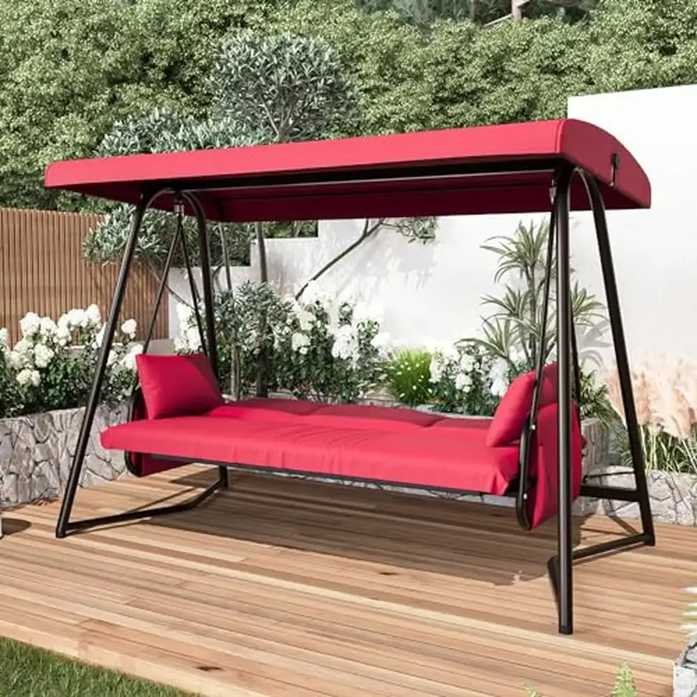 Convertible Swing Bed with Adjustable Canopy 800lbs Capacity Outdoor Patio Porch Chair 4 Seat Swing Set Kit with Cushion