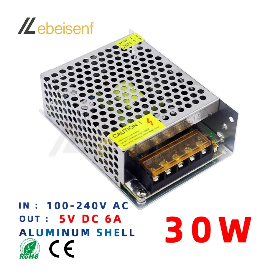 5V 30W Switch Power Supply 100-240V AC to DC 5 Volts 30 Watts 6A Indoor Aluminum Case LED Driver Transformer Converter Adapter