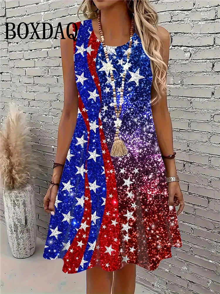 Abito con stampa geometrica della linea di moda Abito corto ampio senza maniche da donna Vestito estivo casual Pullover con o-collo Abito estivo con gilet femminile