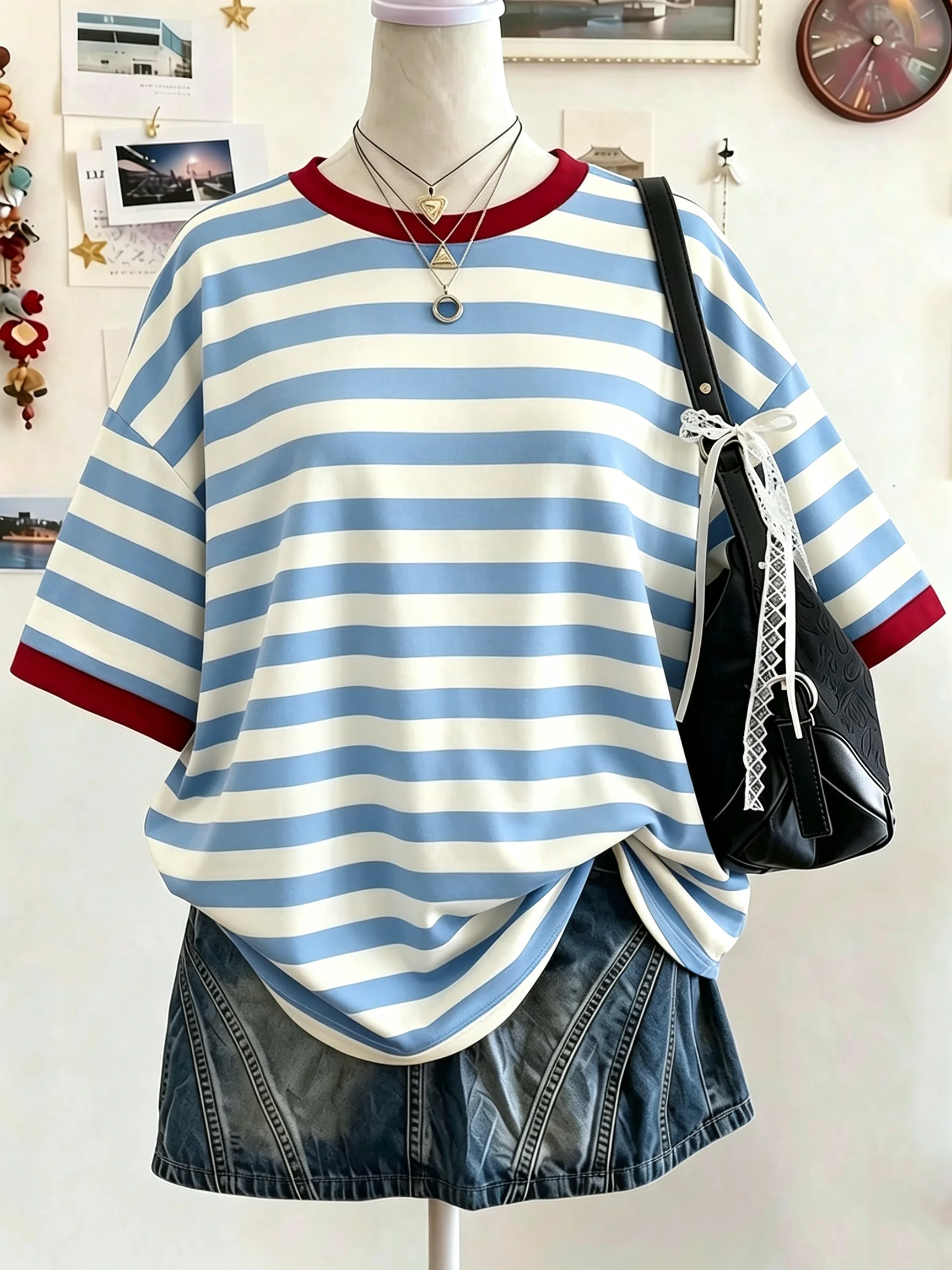 Bestseller# Women's Striped Short Sleeve Contrast Color Oversized Beige Summer Casual School Top Fashionable Elegant Y2K Style