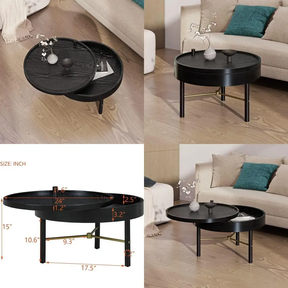 Rustic Modern 24 Inch Round Wood Coffee Table with Storage and Rotating Tray for Living Room - Perfect for Cocktails and Vintagi