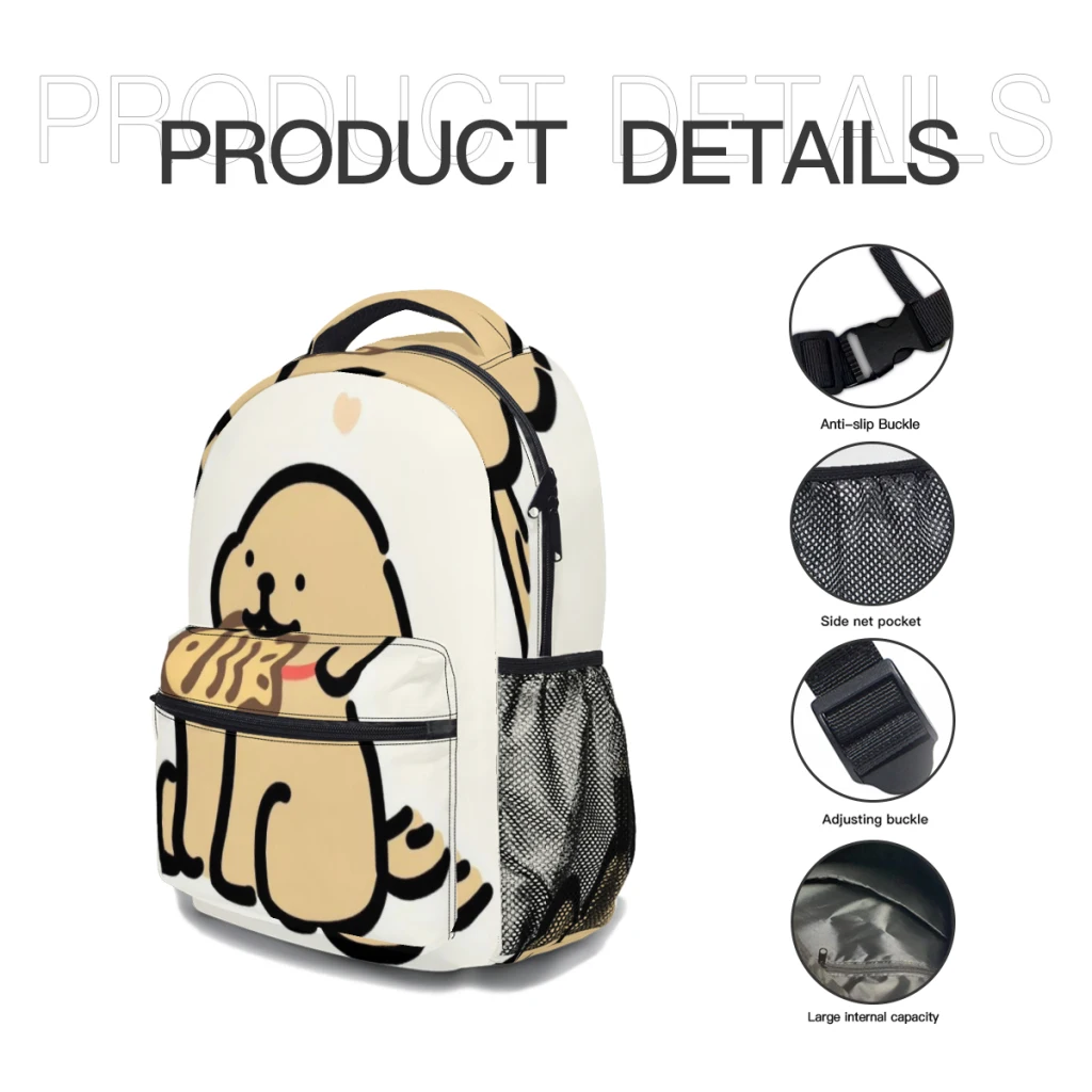 Cão bonito dos desenhos animados mochila versátil, grande capacidade, impermeável, lavável computador saco, unisex