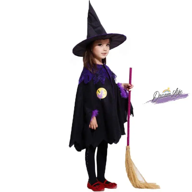 Loween fantasia de performance infantil, robe de bruxa, roupa cosplay, pequena bruxa, roupas de performance para meninas