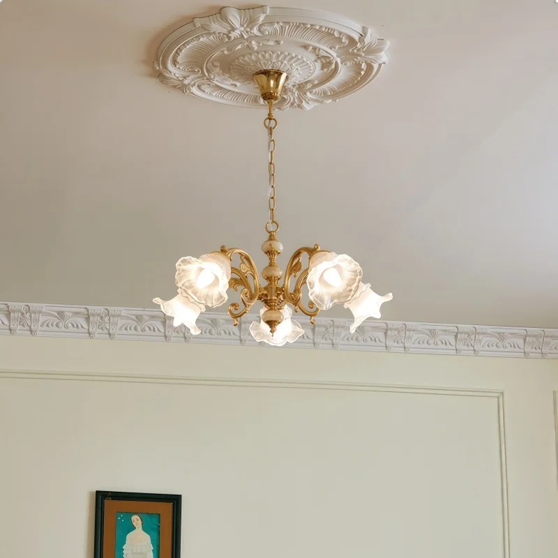 

French Retro Copper Pendant Light Elegant Glass Flower Chandelier for Living Dining Room Bedroom Villa Decor Lighting Fixture