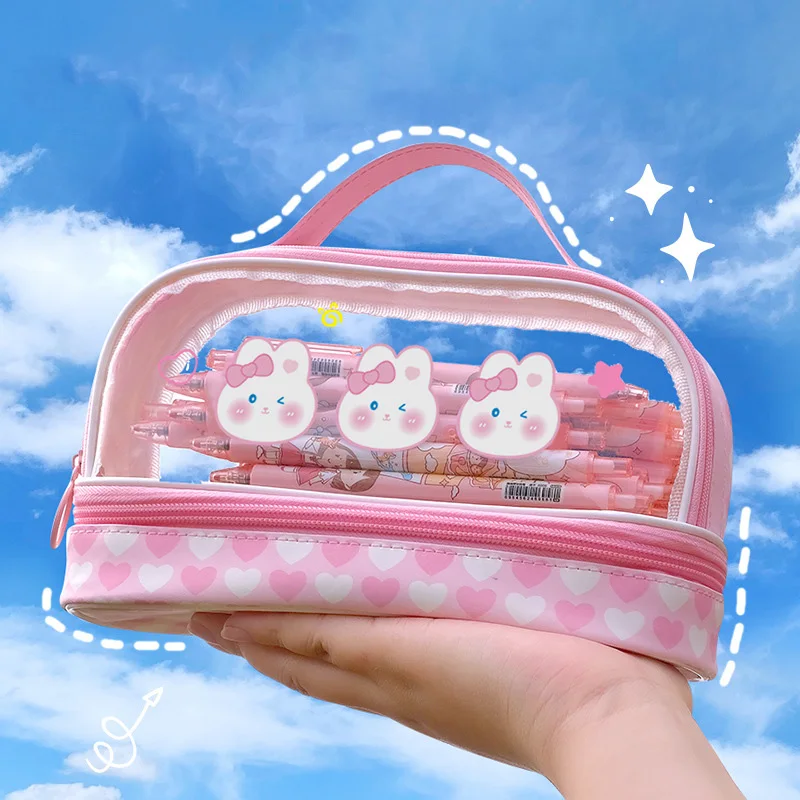 Portable Double-layer Transparent Pen Bag Box Stationery Aesthetic School Cases Pencil Pouch Utilities Holsters Pencilcase Girls