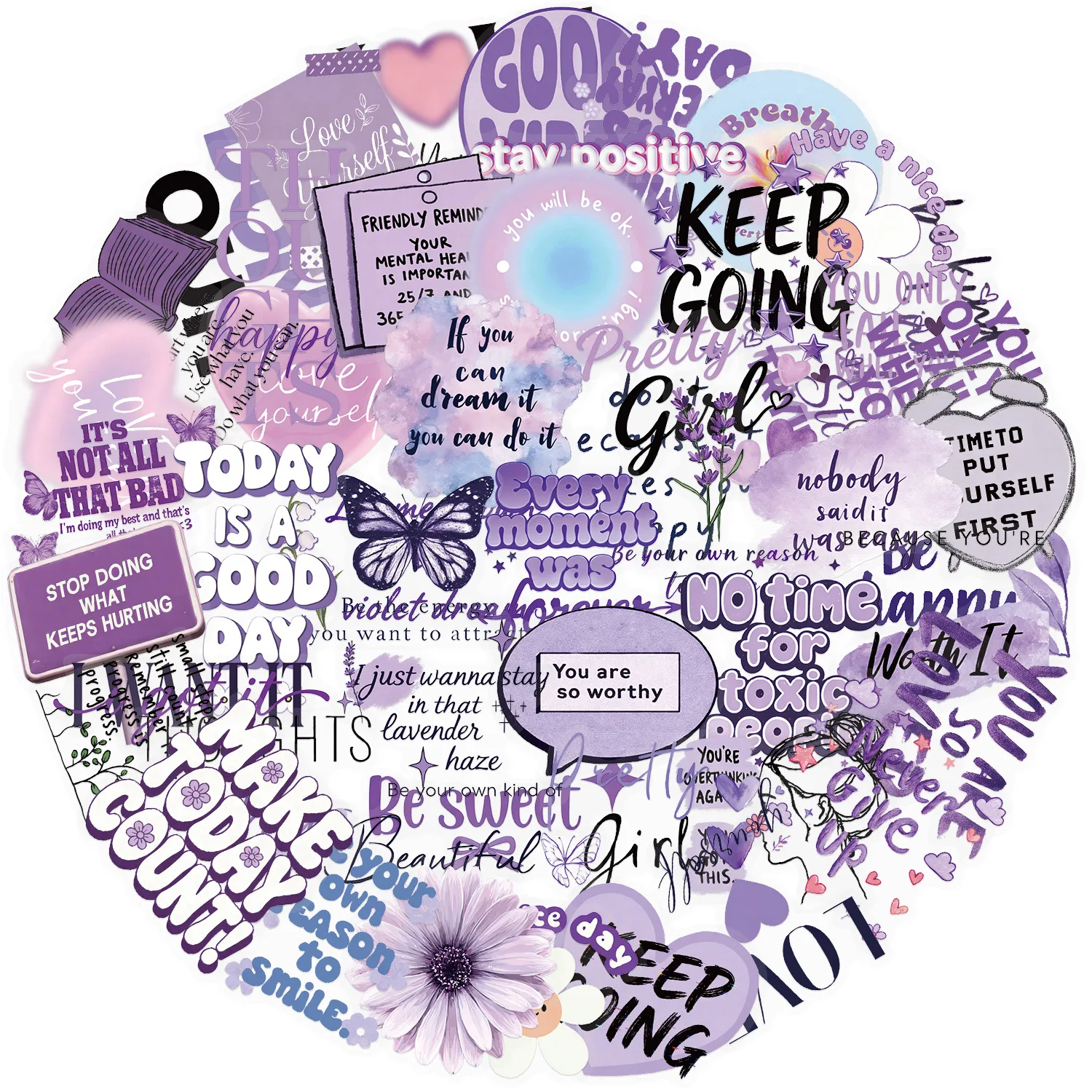 50PCS Positive Purple Aesthetic Self-Care Transparent Stickers Phone Guitar Laptop Notebook Suitcase Waterproof Decals Sticker