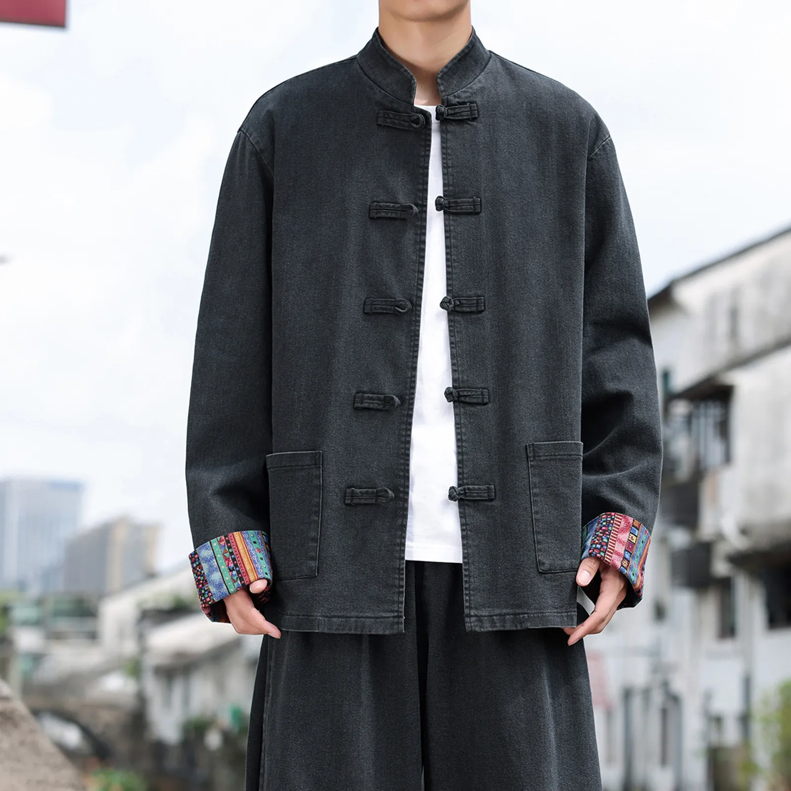 Jacket Men Autumn New Chinese Traditional Coat Stand Collar Hanfu Men's Jacket Fashion Comfortable Denim Outerwear Plus Size 8XL