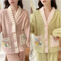 Women Thickened Warm Flannel Cardigan Pajamas V-Neck Comfortable Floral Homewear Soft Loose Loungewear Maternity Easier to Wear