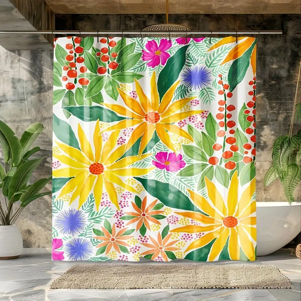 Vibrant Floral Shower Curtain Waterproof Fabric Bathroom Decor with Hooks Tropical Yellow Daisy Red Berry Bath Curtain