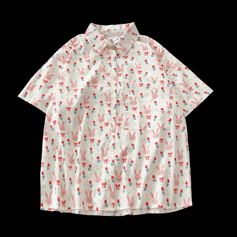 قميص مطبوع على شكل أرنب حلو فرنسي من EBAIHUI للنساء ، بلوزة نسائية فضفاضة ولطيفة بأكمام قصيرة ، كارديجين واقي من الشمس فريد من نوعه ، أعلى ، الصيف