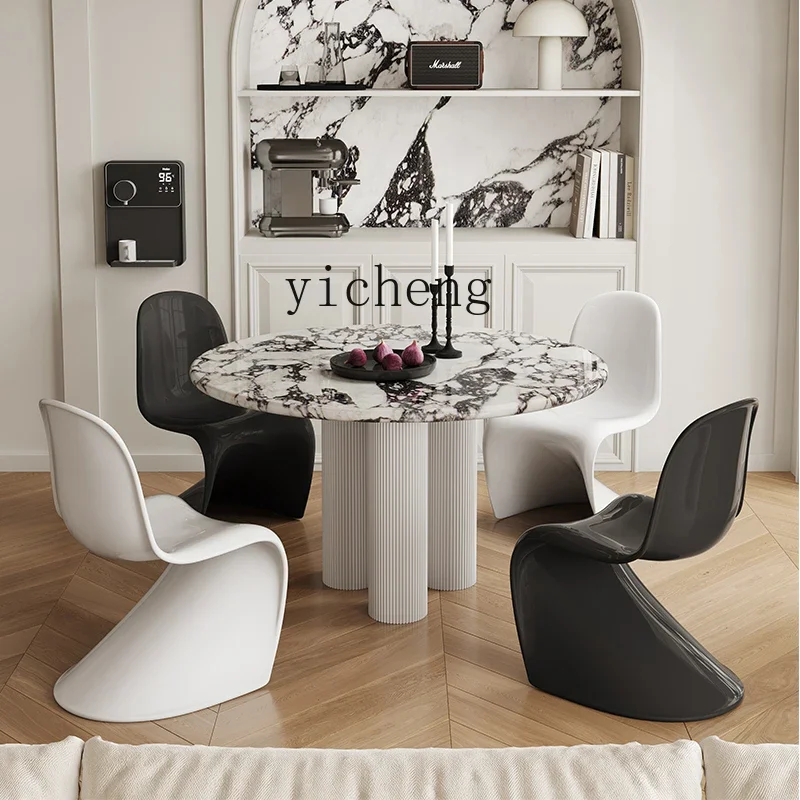 D24 Marble Dining Table And Chair Combination Light Luxury High-end Sense Round Small Apartment Cream Style Modern Simplicity