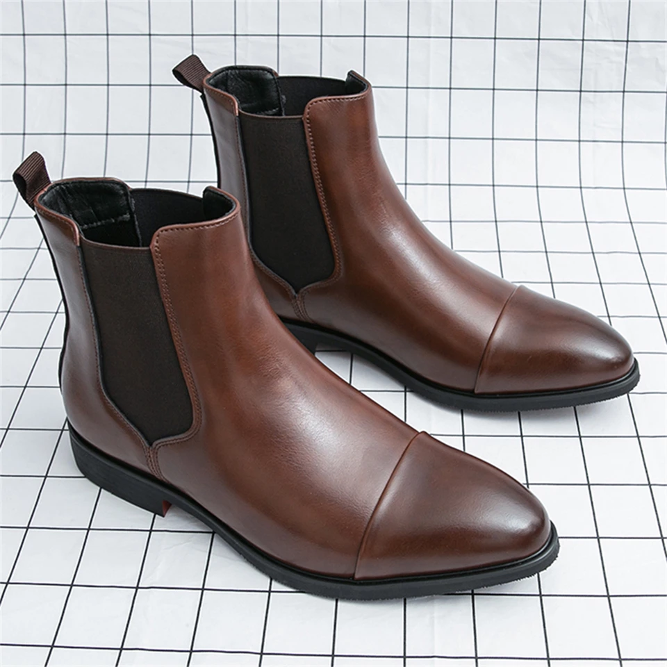

Fashion Men Chelsea Boots PU Leather Brown Versatile Business Casual British Style Street Party Shoes Wear Classic Ankle Boot