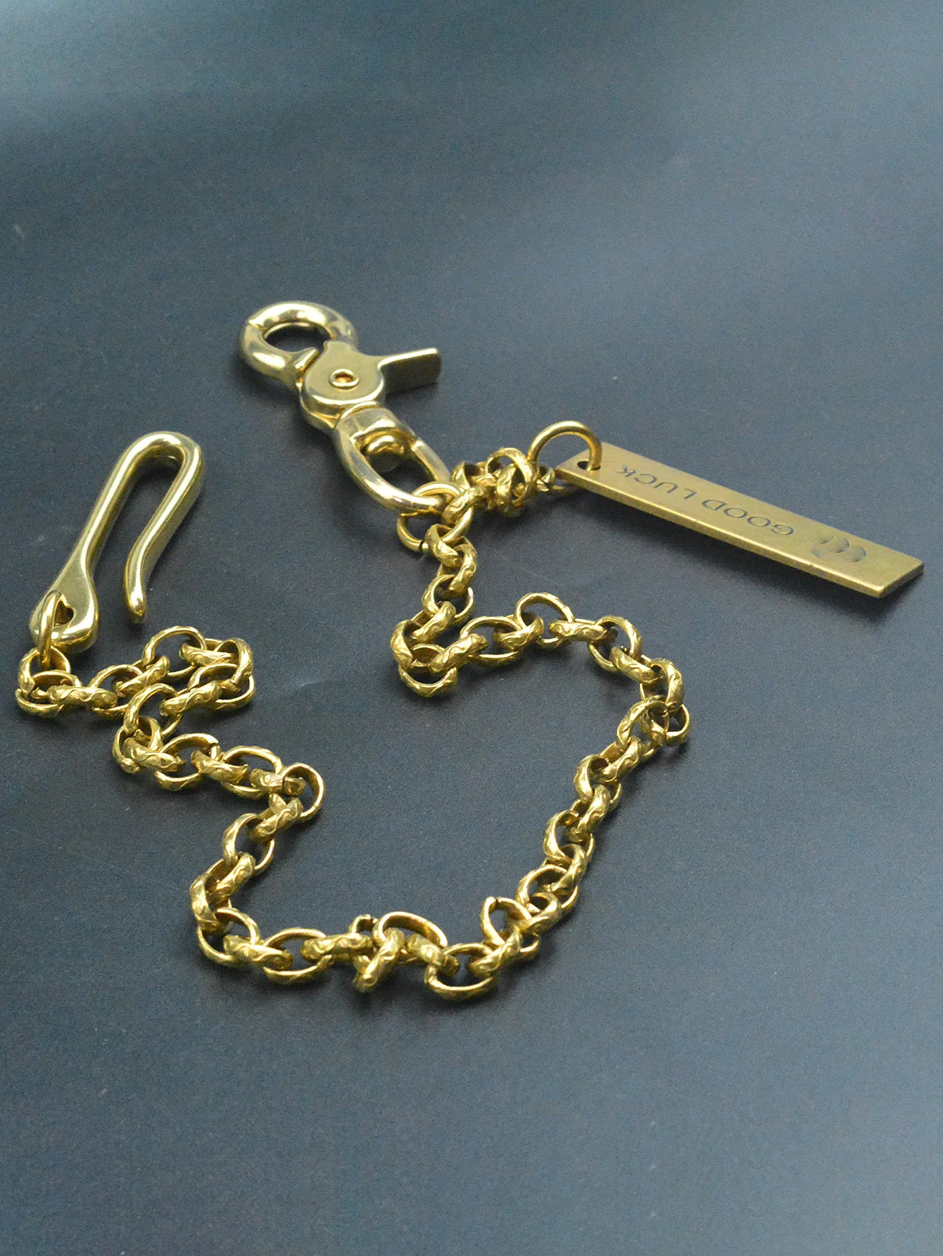 22 inch retro Brass pants waist biker crab claw clip U Hook belt  9mm pattern oval   anchor chain EDC Good luck ruler charm