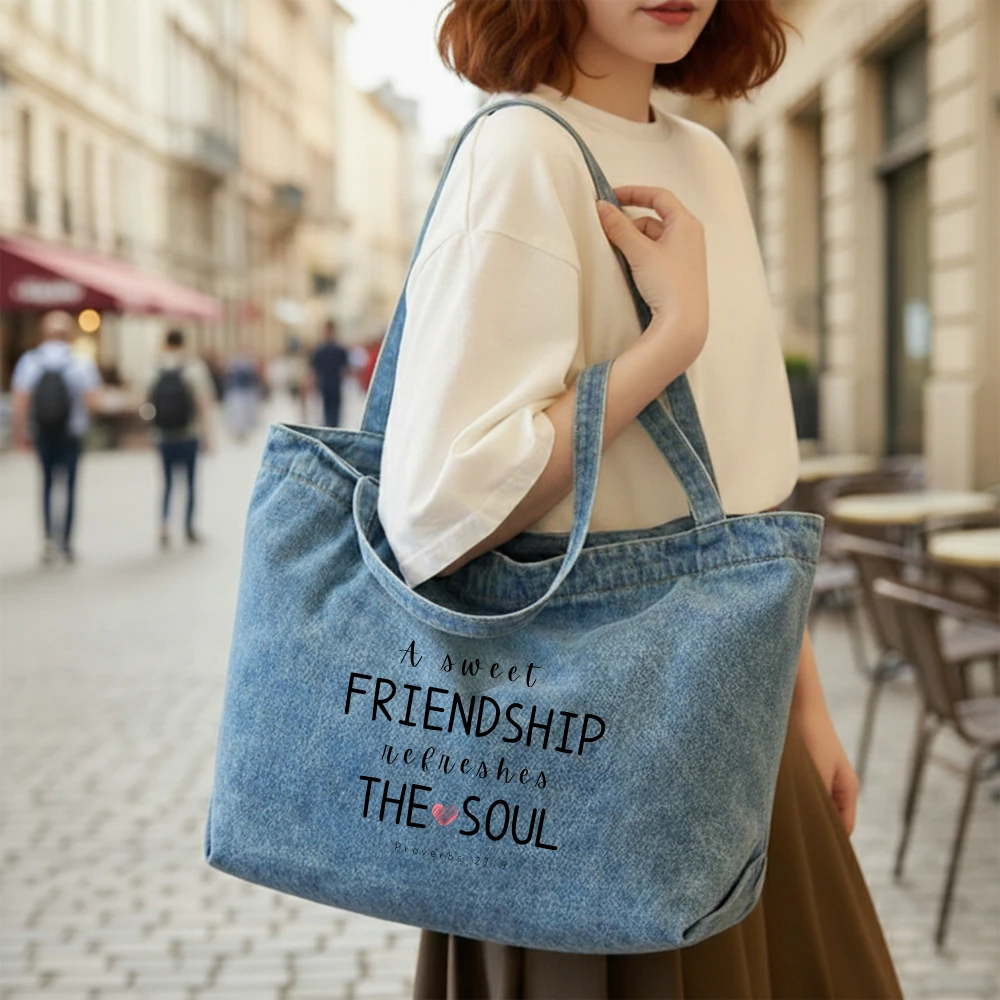 

Christian Friendship Denim Shopper | Everyday Jean Bag for Women | Thoughtful Present | Valentine's Day, Birthday, Christmas