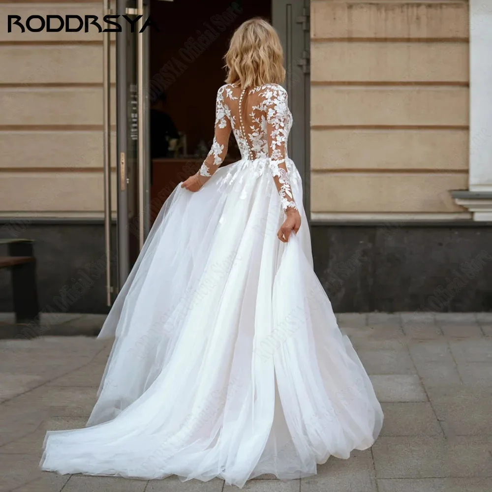 RODDRSYA Elegante A-Linie Spitze Brautkleid Lange Ärmel U-Ausschnitt Applikation BrautkleiRoddrsya elegante A-Linie Spitze Brautkleid lange Ärmel U-Ausschnitt Applikation Brautkleider Knopf plus Größe Vestidos de Novia