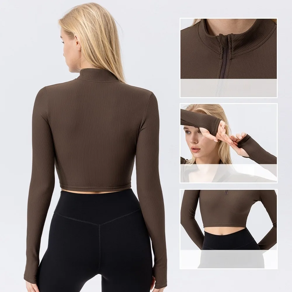 Women High Waist Zip Up Yoga Jacket Stand Collar Long Sleeve Coat High Stretch Breathable Fitness Sportswear