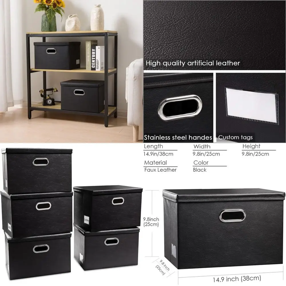 

Складные кожаные корзины для хранения с крышками, набор из 5 штук, кубические органайзеры для спальни, гардероба, офиса, детской комнаты, черные (14.9x10.8x10)