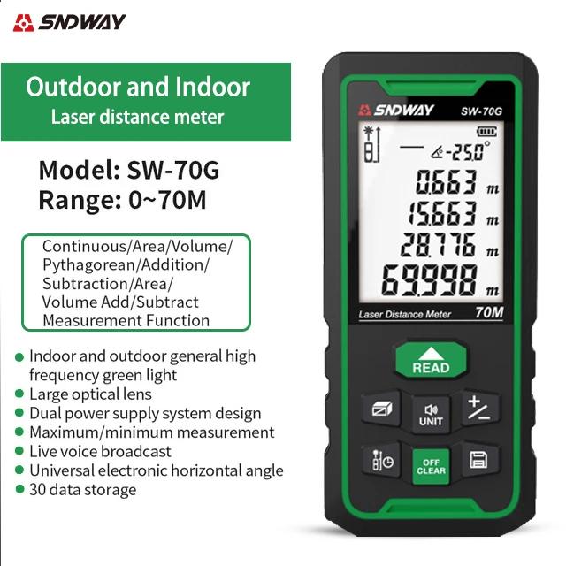 SNDWAY Laser Green Light Measurement Trena Sw-50g/70g/100g Digital Range Finder 100m 70m 50m Usb Laser Distance Meters