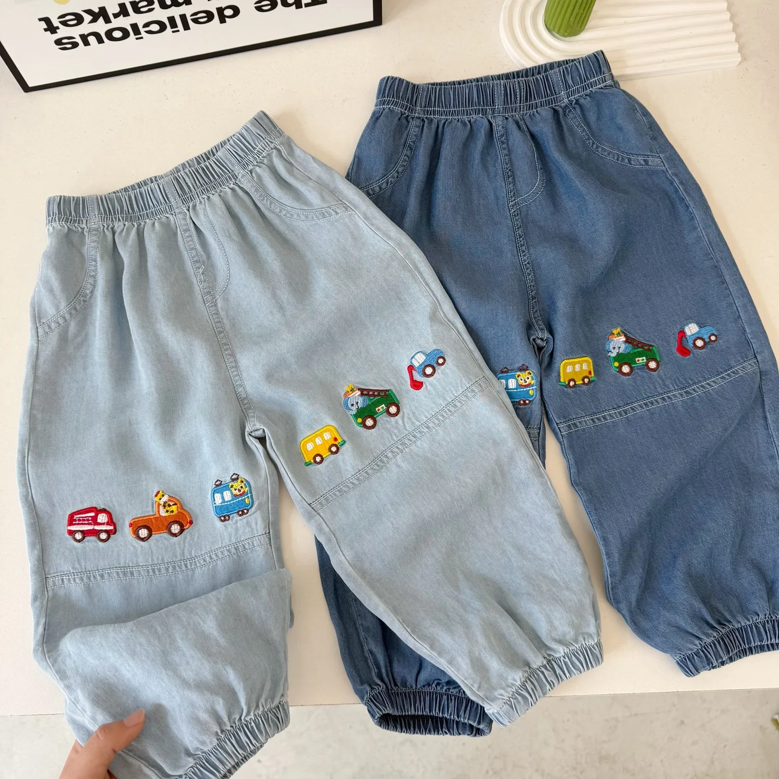 

Toddler Boys Early Autumn Pants Fashion Cartoon Car Embroidery Baby Boys Denim Pants Elastic Waist Kids Baby Boys Harem Pants