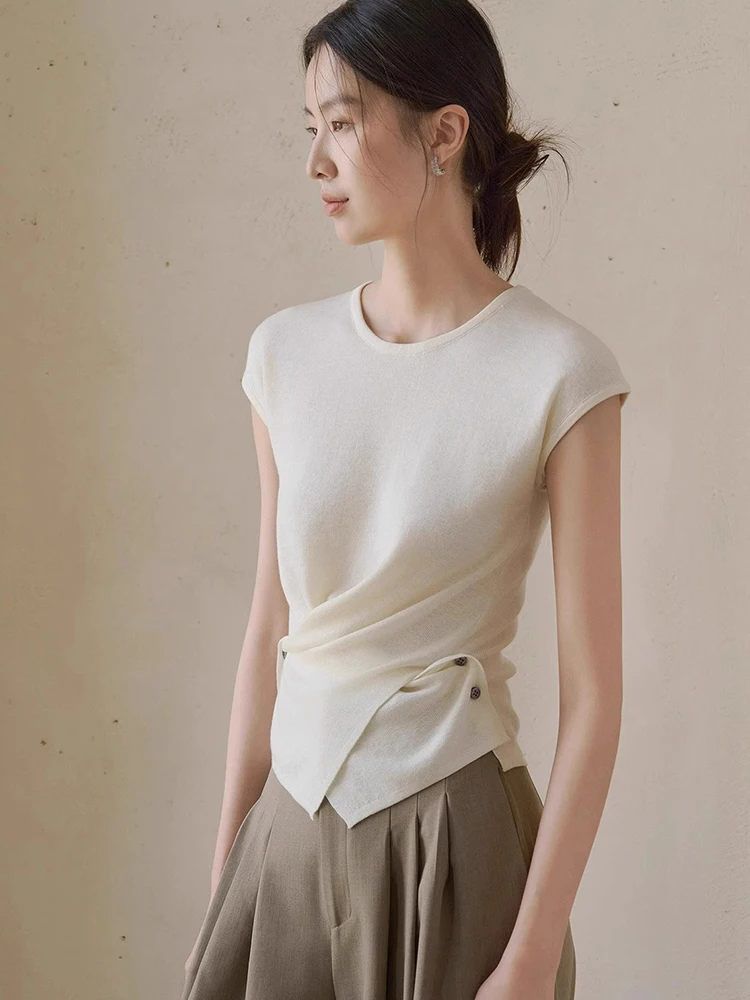 

Korean Style Ice Silk Knitted Top Asymmetrical Design Fashionable T-Shirt Cross Design Sensation Fly Sleeve Summer Fashion