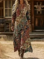 Vestido de Mujer con Estampado Floral Colorido Vintage de Primavera/Verano - Vestido Bohemio de Manga Larga con Cuello en V y Elástico, Vestido Largo