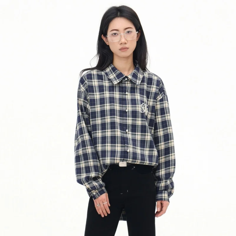 Camicia a quadri da donna Nuovo stile giapponese Manica lunga Designer Camicetta di marca di lusso a coda di rondine Top di grandi dimensioni di alta qualità da donna