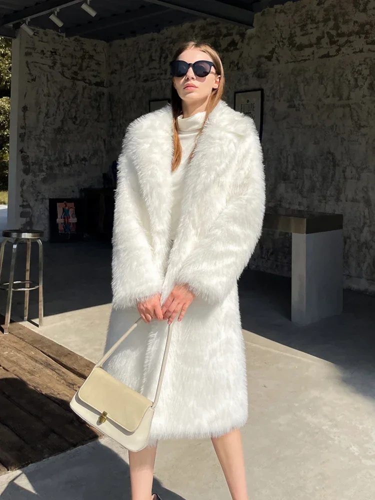 2024 Winter Fluffy Jacket Ladies Furry Warm Pink White Jacket Trench Coats Tops Women Solid Lapel Long Faux Fox Fur Coat