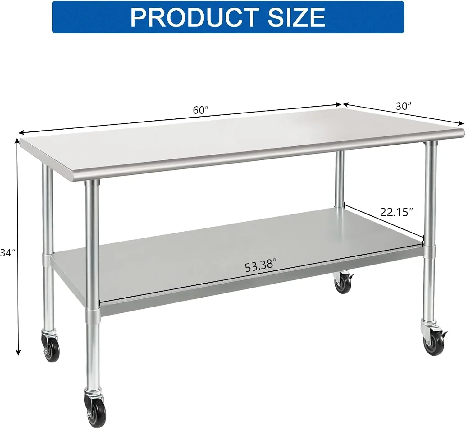 HARDURA Stainless Steel Commercial Table with Wheels 30 x 60 Inches | Casters, NSF, Heavy Duty Work & Prep Table, With Undershel