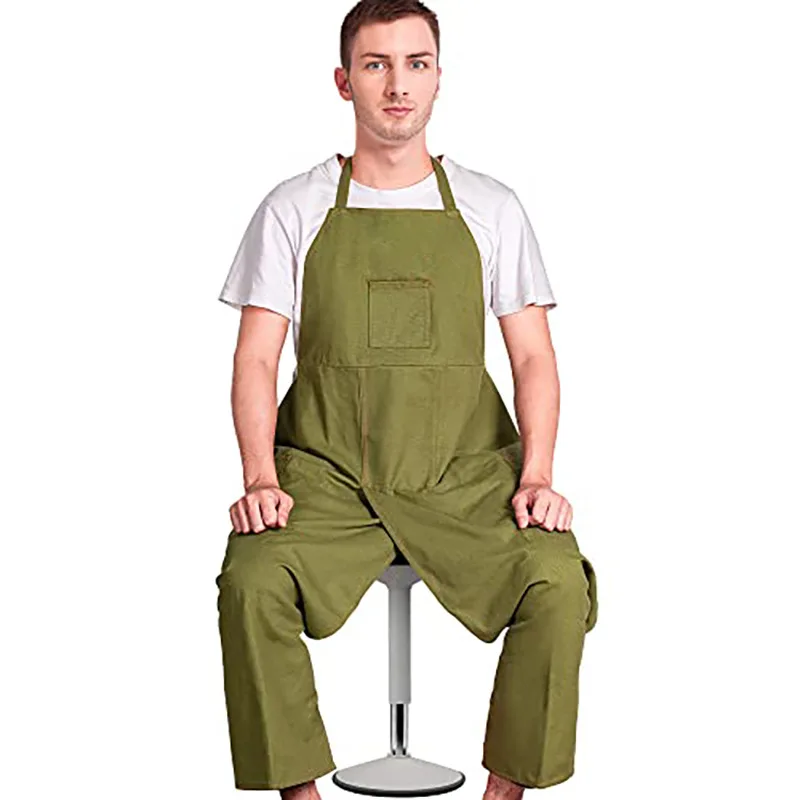 Canvas Split Leg Long Work Apron Adjustable Neck Hanging Multi Pockets Full Body Apron for Pottery Painting Gardening Workshop