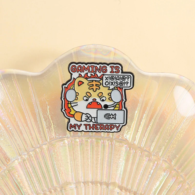 Gaming Is My Therapy Enamel Pins Cartoon Angry Cat Tiger Animal Brooches Lapel Badge Cute Jewelry Gift for Friends
