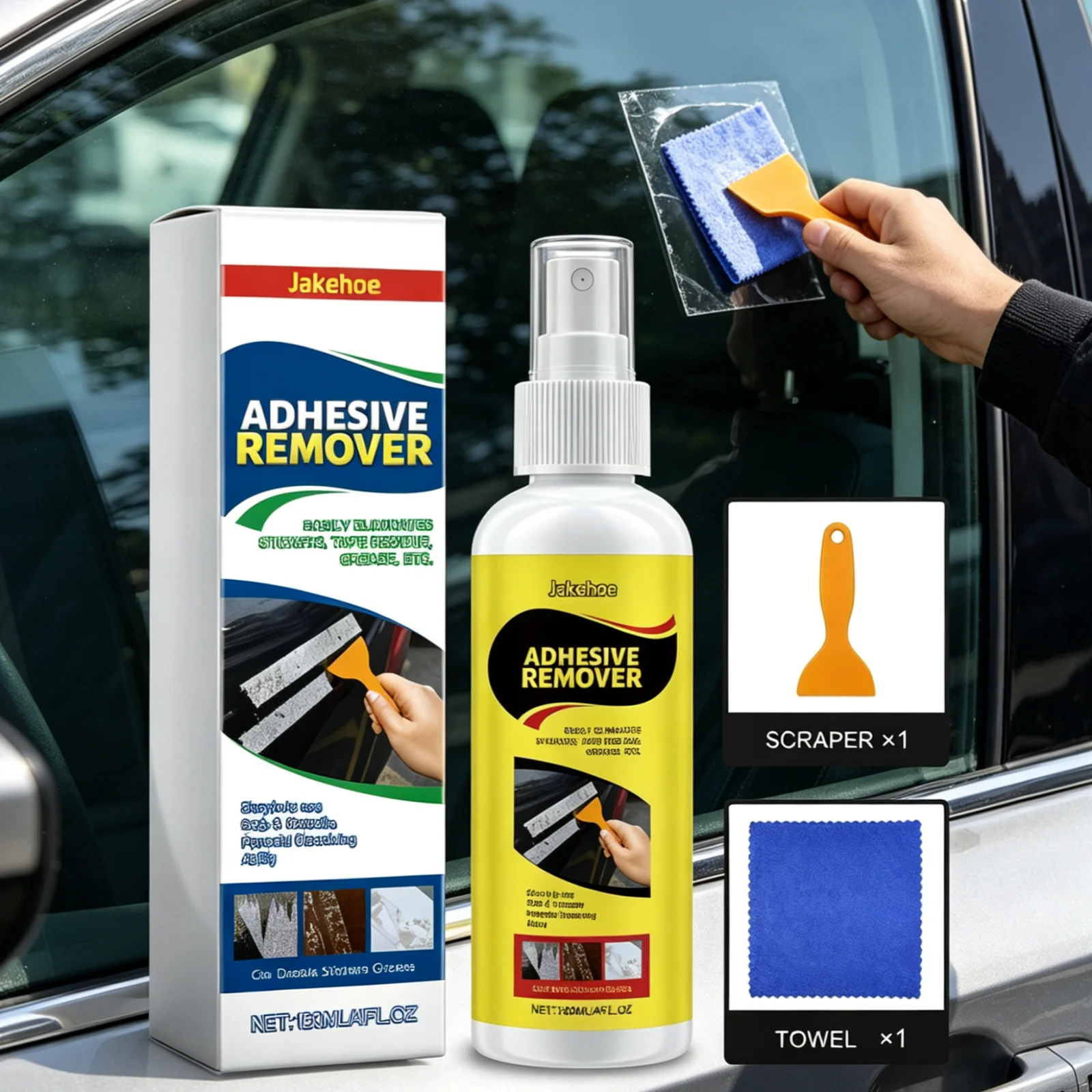Jakehoe Adhesive Remover Spray Kit No Trace Cleaning Powerful Dissolving Ability Gentle Sticker Remover with Scraper Towel 120ml