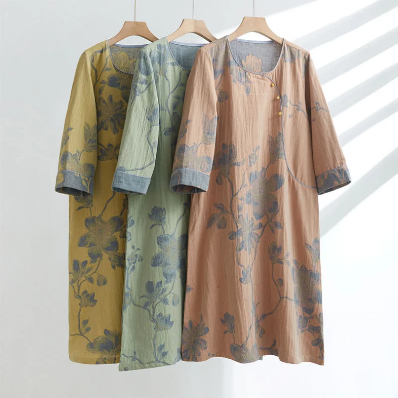 Autumn Cotton Dress Woman Chinese Ancient Style Oblique Front Long Sleeve Home Sleeping Sleepwear Gauze Jacquard Nightgowns