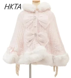 Classic Japanese Sweet Cute Imitation Rabbit Fur Cape Coat Women Winter Thicken Warm Fur Cloak Big Bow Loose Liz Sweater Jacket