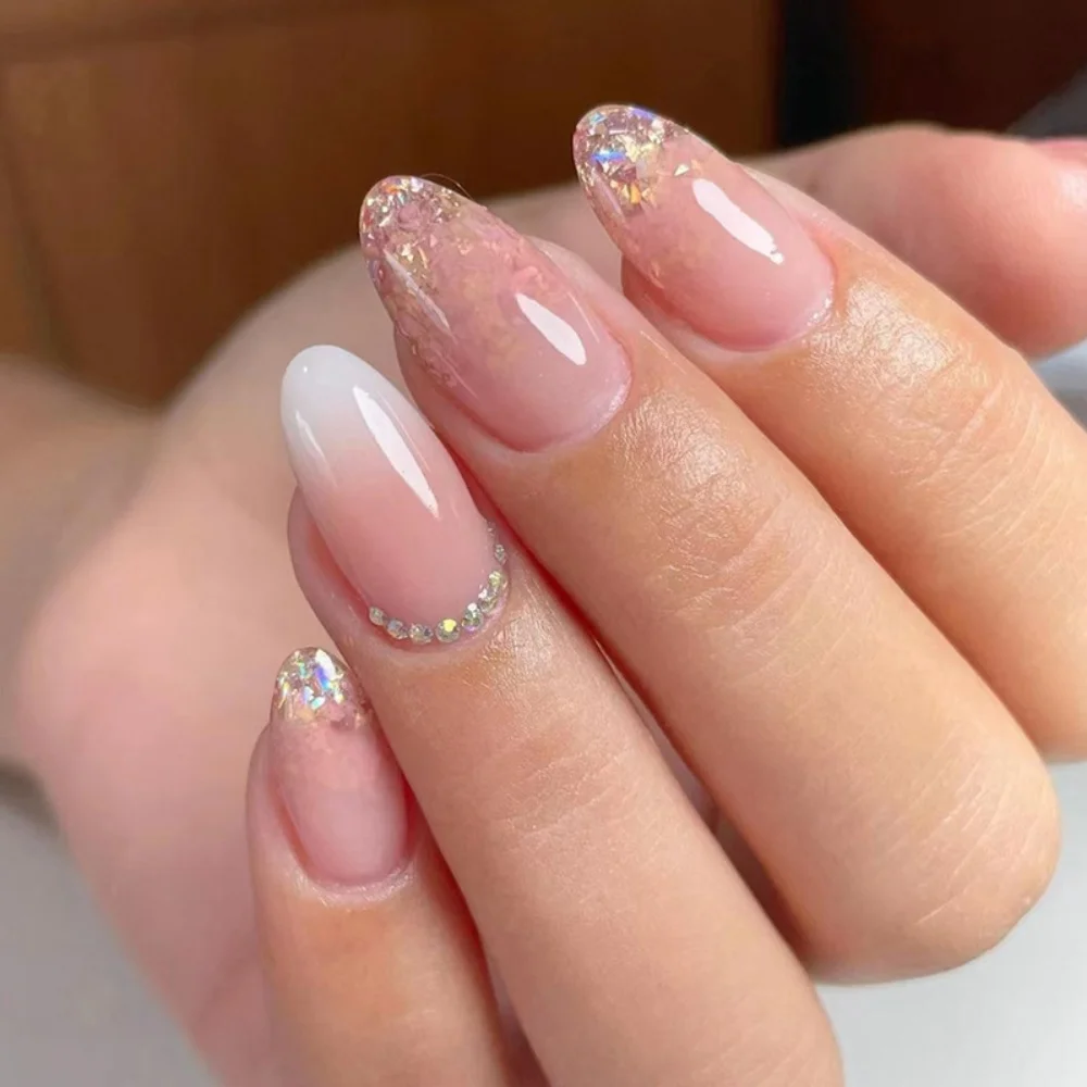 

24pcs Simple Gradient Glitter Press on Fake Nails Round Head False Nails French Almond Pink Design Full Cover Manicure Wearable