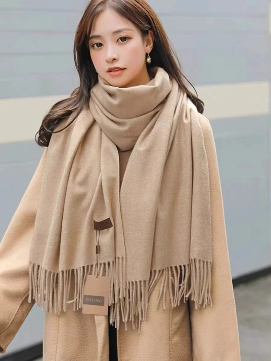Women's Winter Long Woolen Scarf Thick Tassel Double-Sided  Color Versatile Neck Warmer Multi-Functional Korean Style