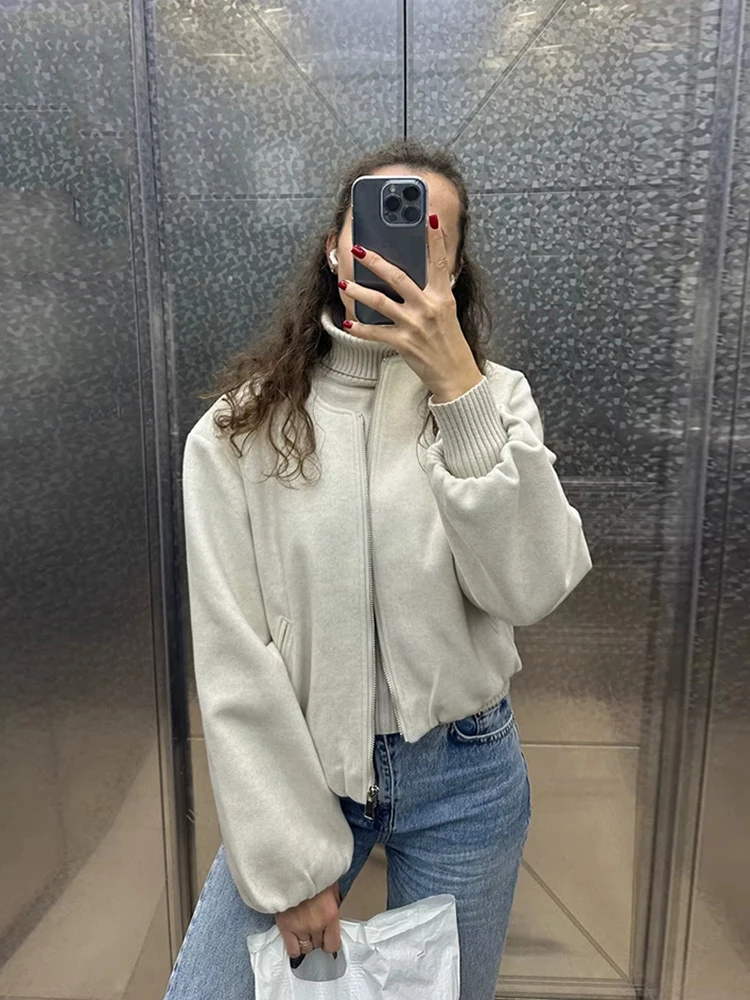 السيدات الشابات أزياء قصيرة فضفاض قنبلة سترة سستة طويلة الأكمام سترة رياضية في فصل الشتاء #3