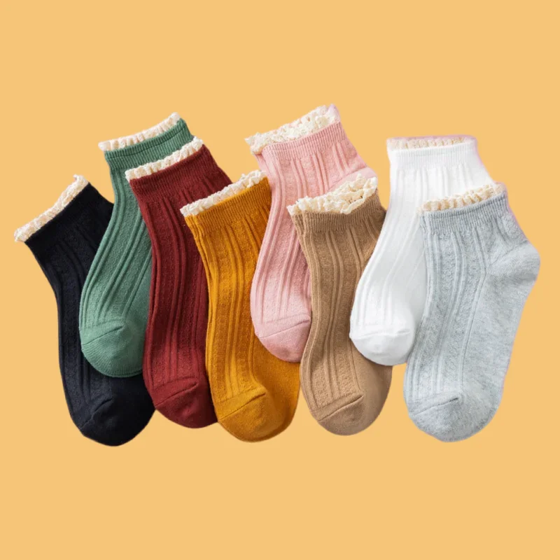 

3/6 Pairs High Quality Ladies Double Needle Lace Boat Socks New Breathable Low Cut Cotton Socks Solid Color Women's Short Socks