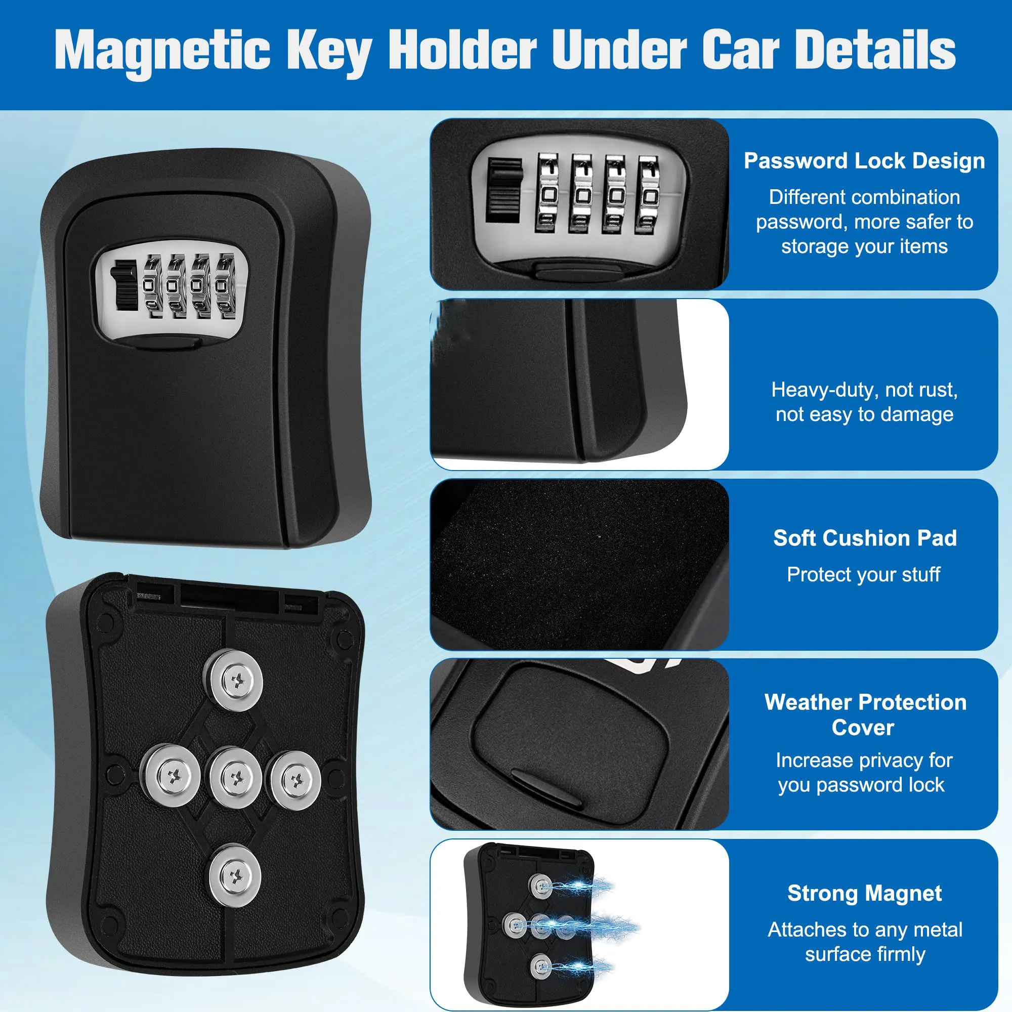 Magnetic Key Holder with Lock Plastic Magnet Car Key Lock Box Hidden Under Car Secure 4-digit Combination with Resettable Code